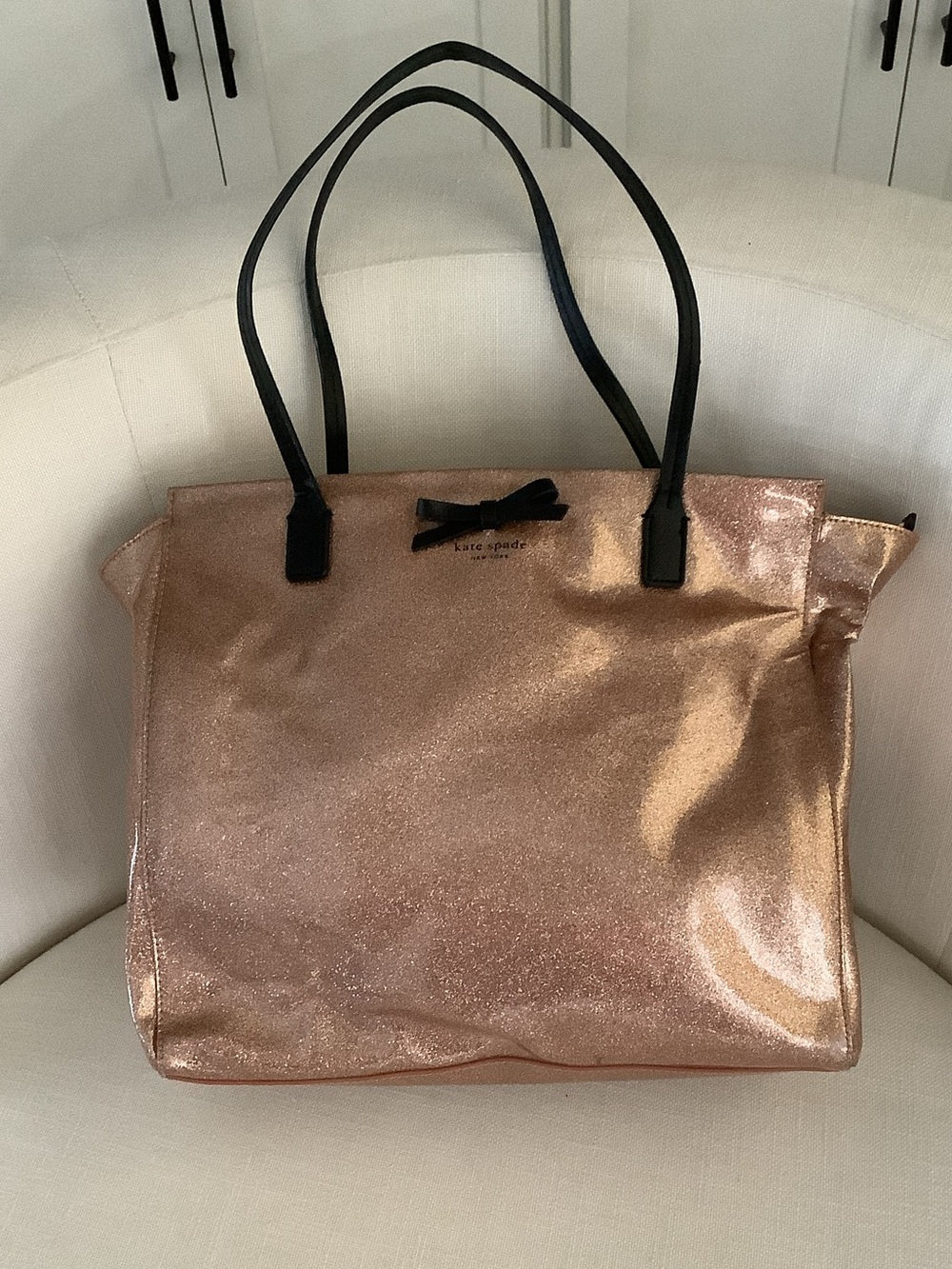 kate spade Rose Gold Glitter Tote with Black Handles